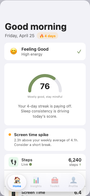Home dashboard showing wellness score and signals