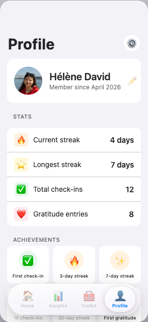 Profile screen showing streaks and achievements